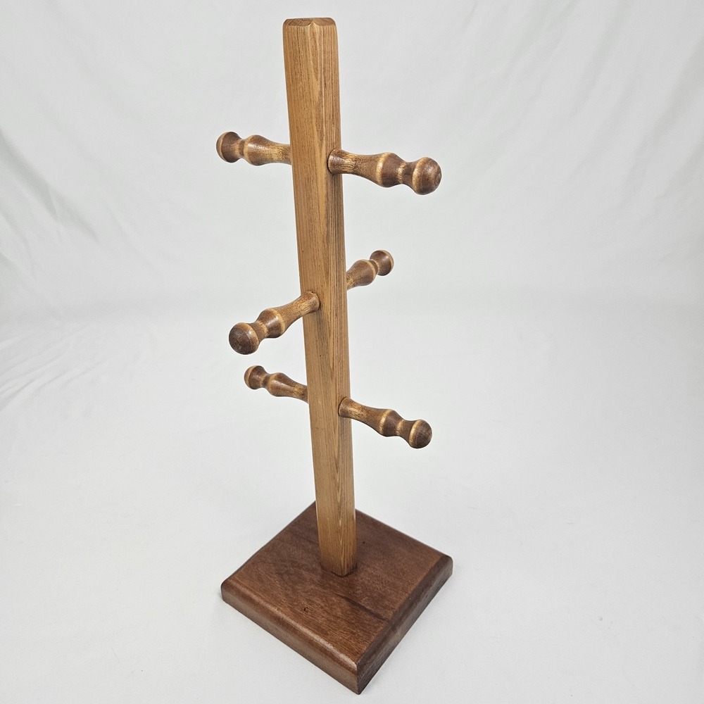 Vintage Wooden 6 Cup Coffee Mug Tree Stand Amish Farmhouse Country Peg Spindle
